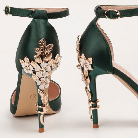 Green Satin High Heel Shoes Embellished Flowers Metal Gold Detail - Picture 2 of 16